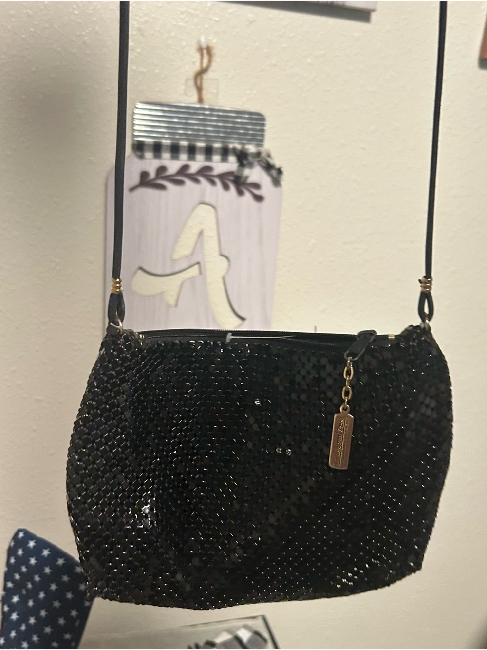Whiting & Davis Black Metal Sequin Mini Crossbody with Gold Tag